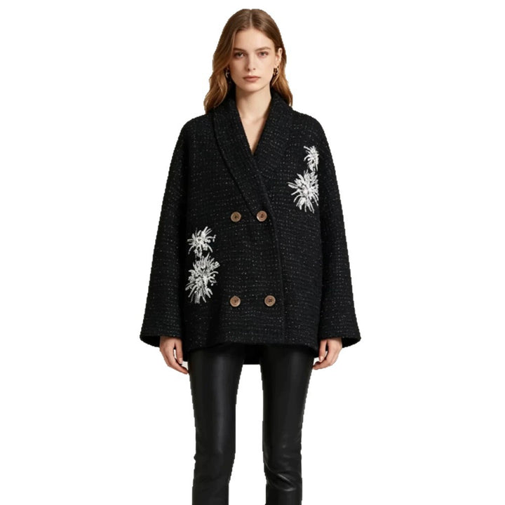 Damen Oversize-Bouclé-Manteljacke mit Schalkragen und floraler Stickerei Echoarchiv