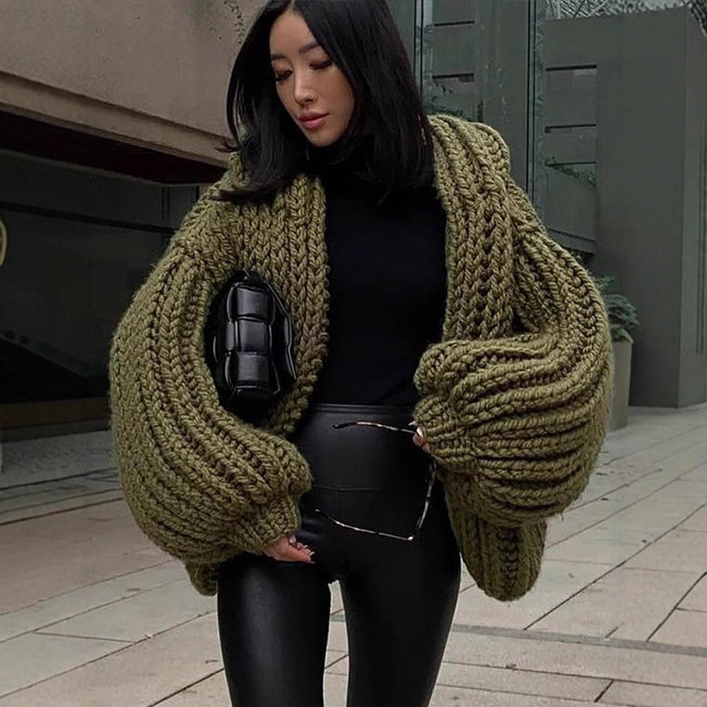 Damen Oversize Grobstrick-Cardigan mit großer Kapuze & voluminösen Ärmeln Echoarchiv