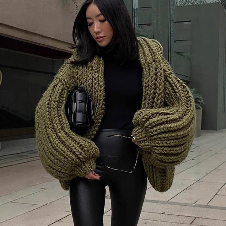 Damen Oversize Grobstrick-Cardigan mit großer Kapuze & voluminösen Ärmeln Echoarchiv
