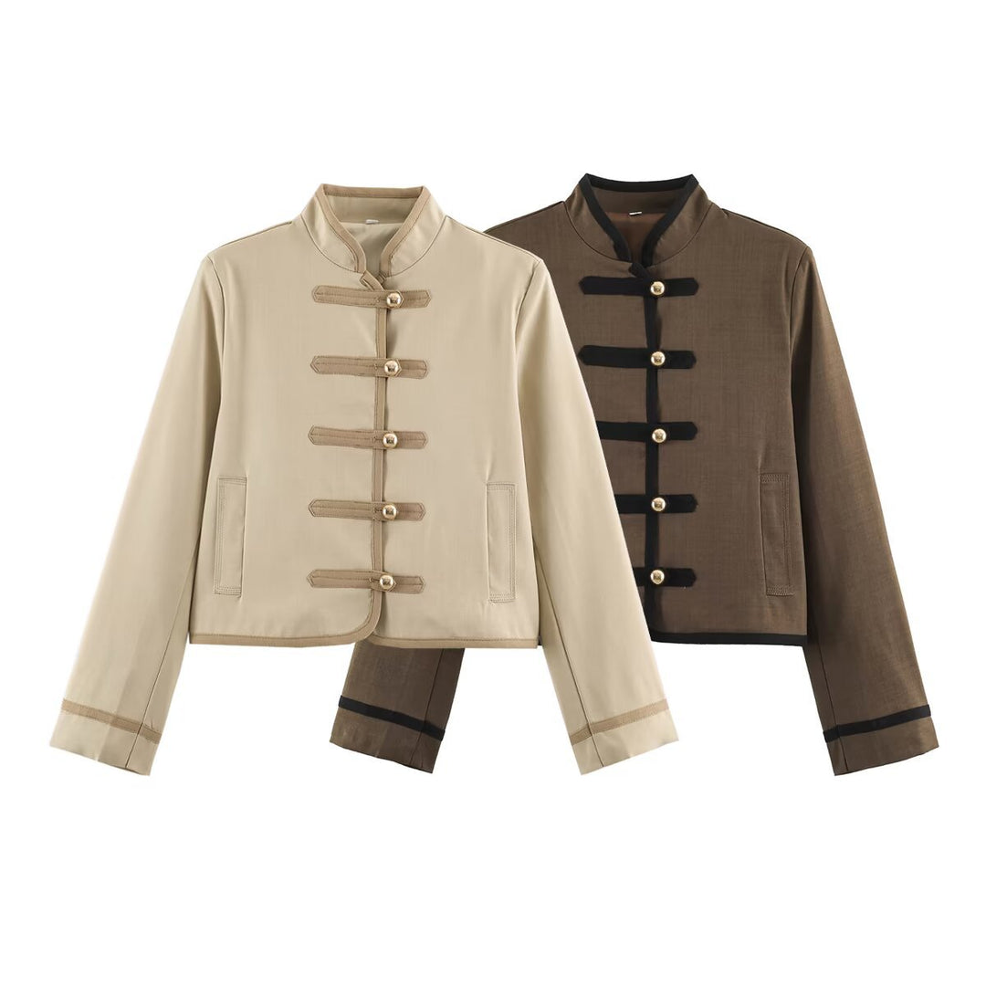 Damen Cropped Stehkragenjacke mit dekorativen Knebelverschlüssen und Boxy-Schnitt Echo Archiv