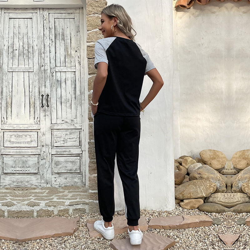 Damen Zweiteiler Freizeit-Set aus Baumwollmix mit Colorblock-Shirt und Jogginghose – Élanora