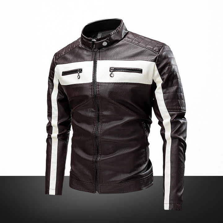 Herren Biker-Lederjacke im Retro-Rennstil mit Stehkragen und Kontraststreifen – Valtoré