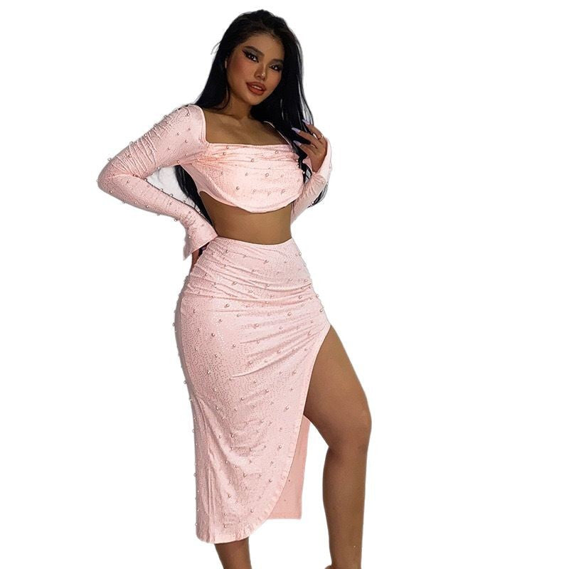 Damen Elegantes Crop-Top mit langen, transparenten Ärmeln und funkelnden Akzenten Echo Archiv