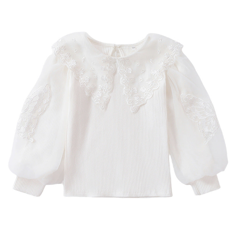 Mädchen Bluse mit luftigen Tüllärmeln und zarter Blumenbestickung Echo Archiv