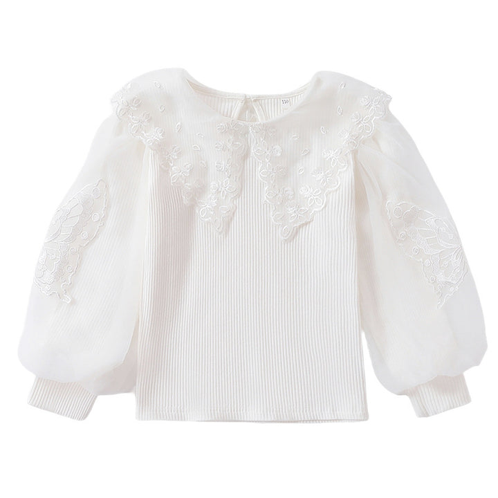 Mädchen Bluse mit luftigen Tüllärmeln und zarter Blumenbestickung Echo Archiv