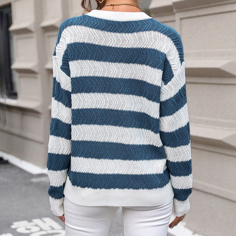 Damen Lässiger Rundhals-Feinstrickpullover mit breiten Streifen und Zickzackstruktur Echoarchiv