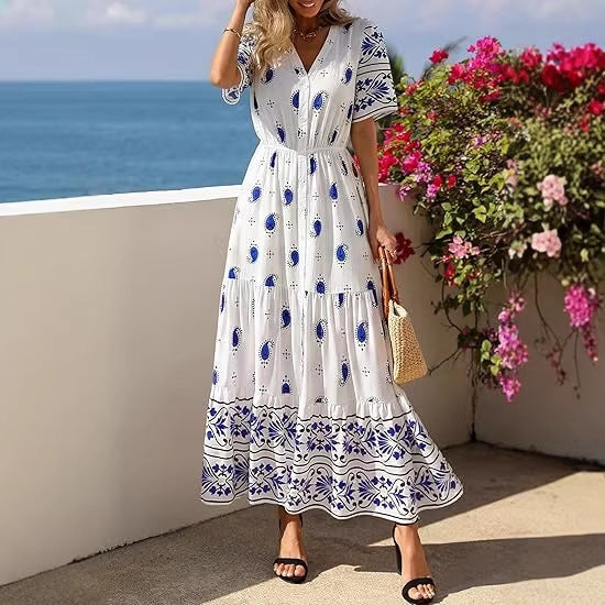 Damen Boho Maxikleid mit floralen Prints und Taillengürtel Echo Archiv
