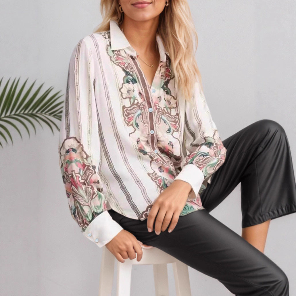Damen Gemusterte Seidenoptik-Hemdbluse mit Ballonärmeln – Avérine