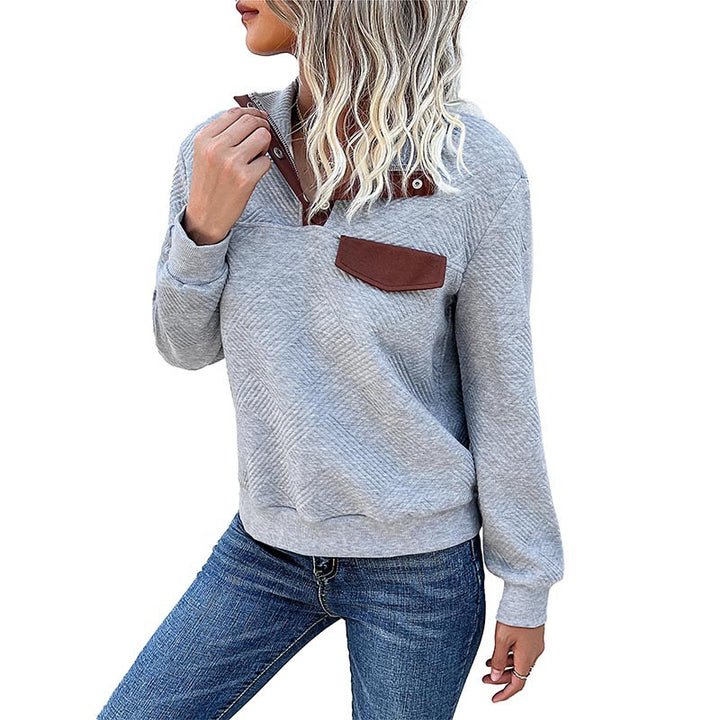 Damen Strukturierter Sweatpullover mit Stehkragen, Druckknopfleiste und Brustklappe – Mavelle