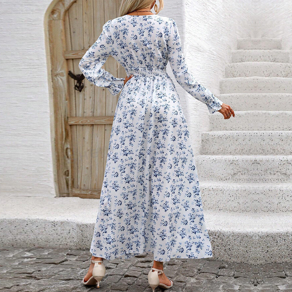 Damen fließendes Maxikleid mit Smoktaillenband V‑Ausschnitt und seitlichem Beinschlitz – Valéora