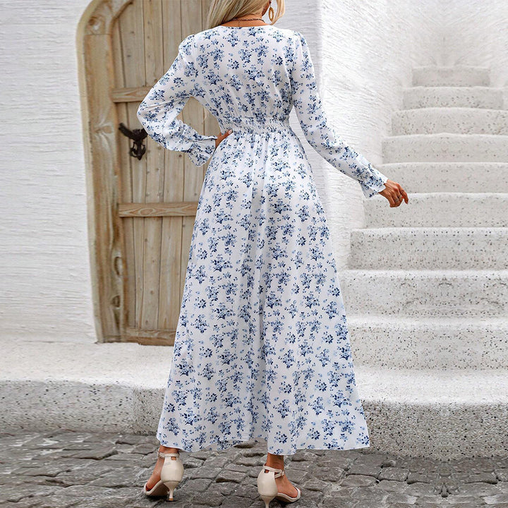 Damen fließendes Maxikleid mit Smoktaillenband V‑Ausschnitt und seitlichem Beinschlitz – Valéora
