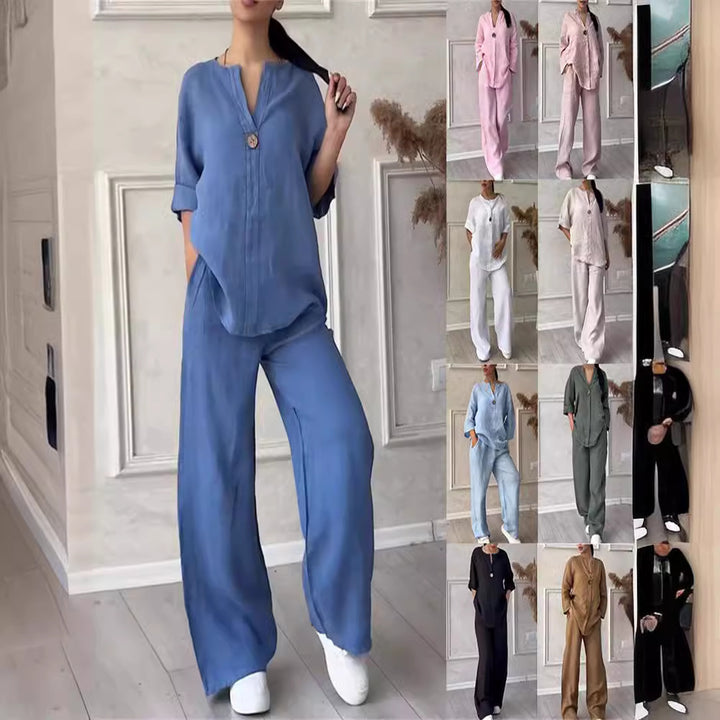 Damen nan lässiges Leinen-Relax-Set mit weiter Hose und Hemdbluse Echo Archiv