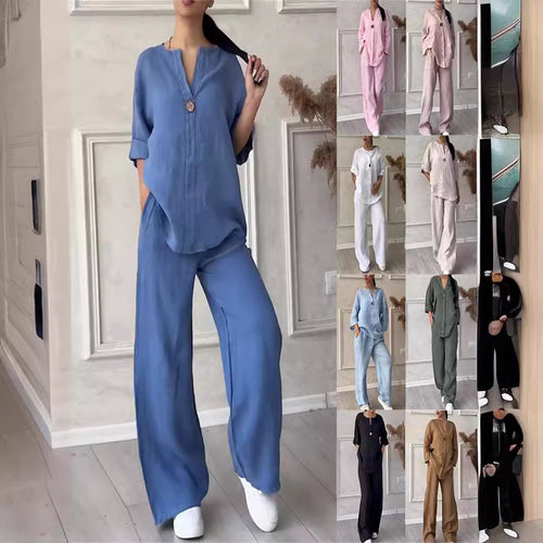 Damen nan lässiges Leinen-Relax-Set mit weiter Hose und Hemdbluse Echo Archiv