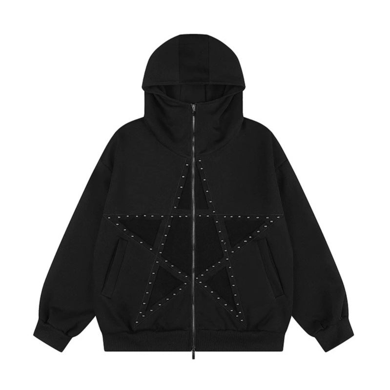Damen Oversize Kapuzen-Zipjacke mit Nieten-Sternmotiv und hohem Kragen Echoarchiv