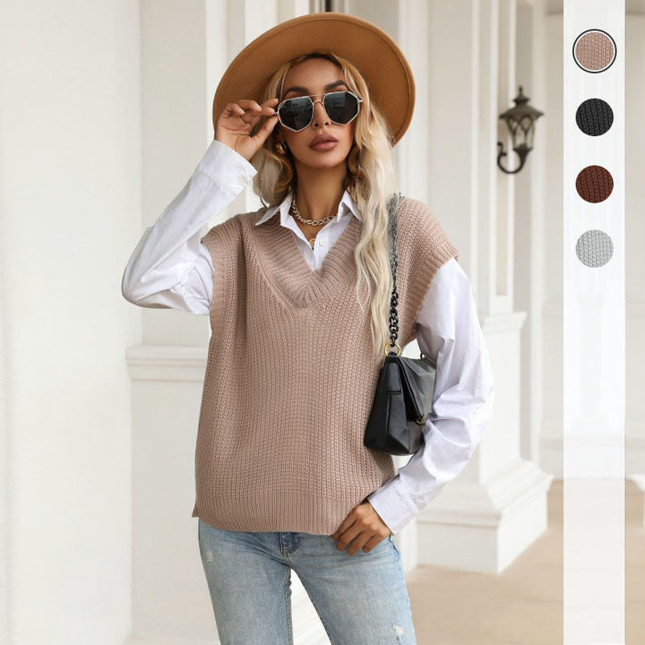 Damen Grobgestrickte Oversize-Weste mit tiefem V‑Ausschnitt und Rippsaum Echoarchiv