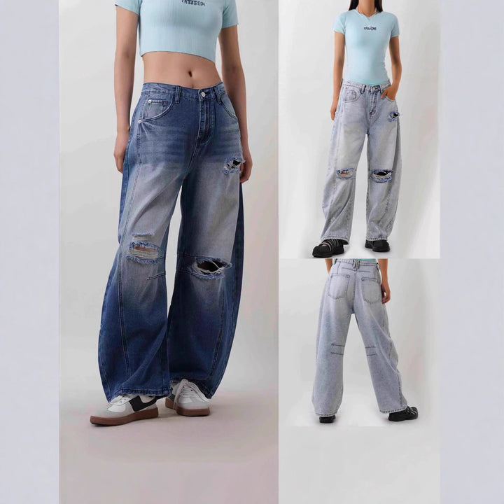 Damen nan Baggy-Jeans mit hohem Bund, sichtbaren Nahtpaneelen und distressed Kniepartien Echo Archiv