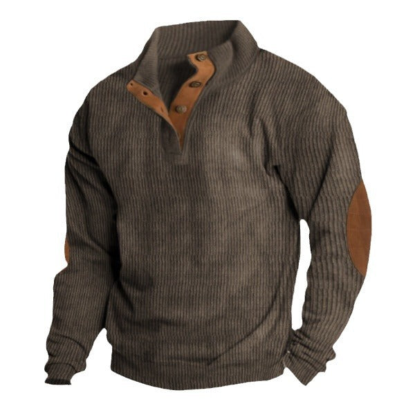 Herren nan robuster Rippstrick-Pullover mit Stehkragen, Knopfleiste und Leder-Ellenbogenpatches Echo Archiv
