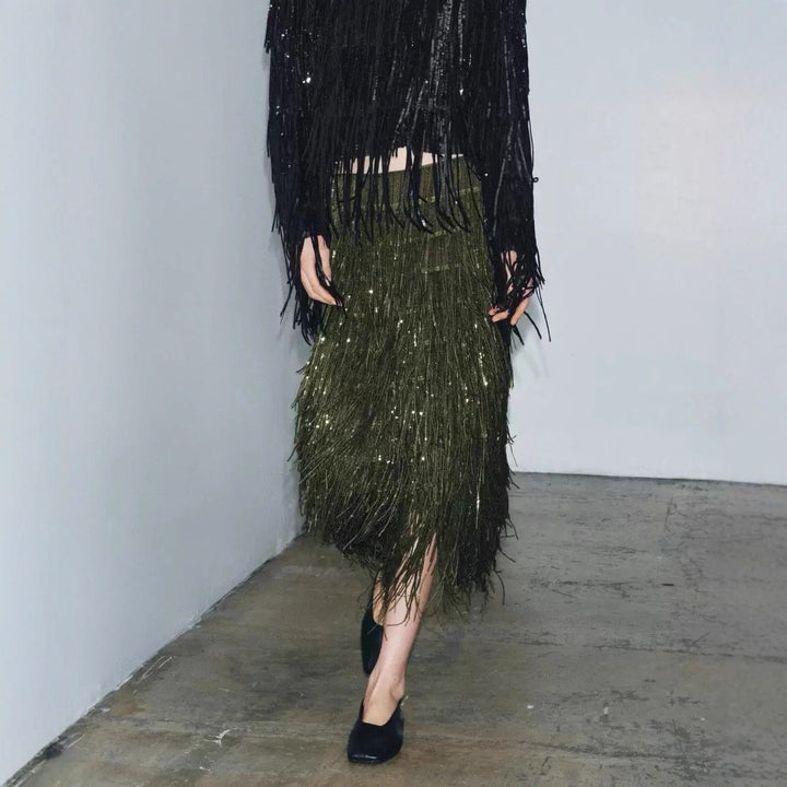 Damen Fransenrock aus schimmerndem Material mit eleganten Details Echo Archiv