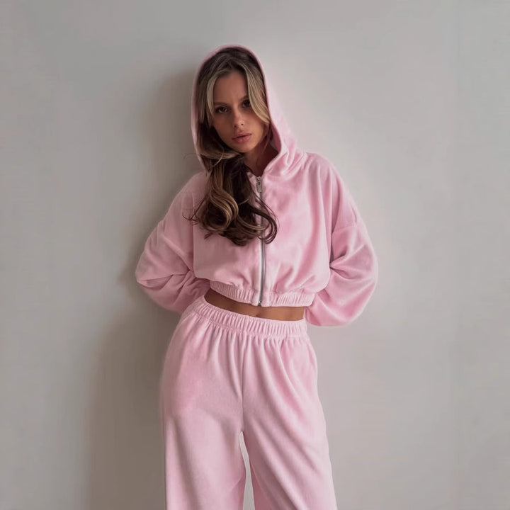 Damen nan Samt-Loungewear-Zweiteiler mit kurzem Frontzip, elastischem Komfortbund und weitem Hosenbein Echo Archiv