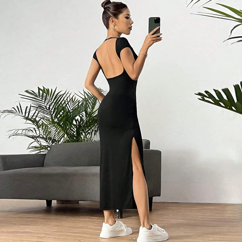 Damen figurbetontes Maxikleid mit seitlichem Schlitz und modernen Kurzärmeln Echo Archiv