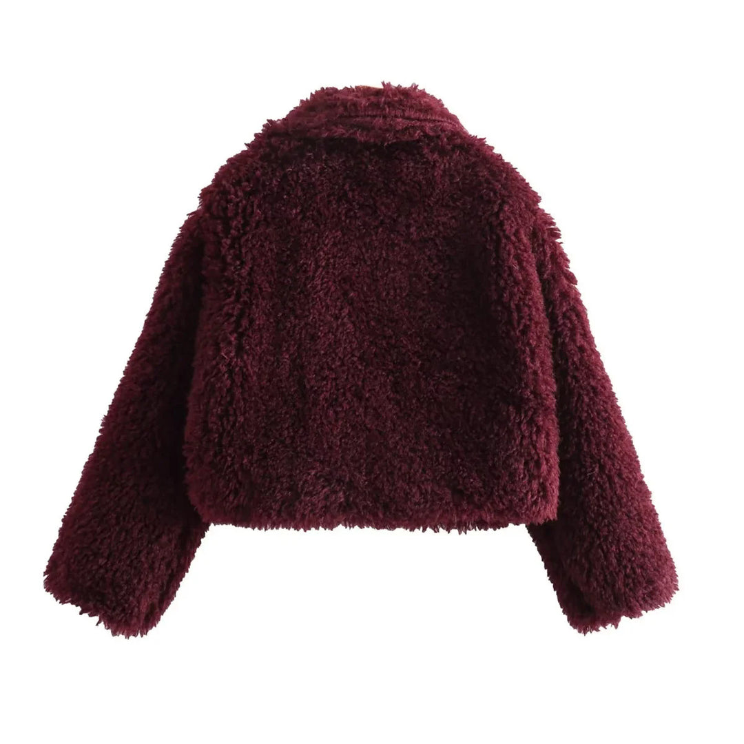 Damen kurze Teddy-Kunstfelljacke mit großem Schalkragen, kastigem Cropped‑Schnitt und weicher Plüschstruktur – Célinea