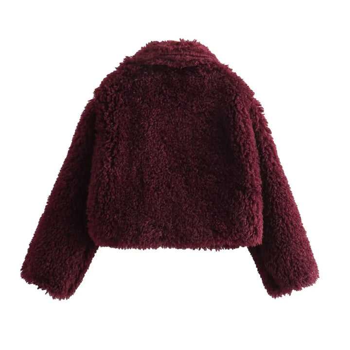 Damen kurze Teddy-Kunstfelljacke mit großem Schalkragen, kastigem Cropped‑Schnitt und weicher Plüschstruktur – Célinea