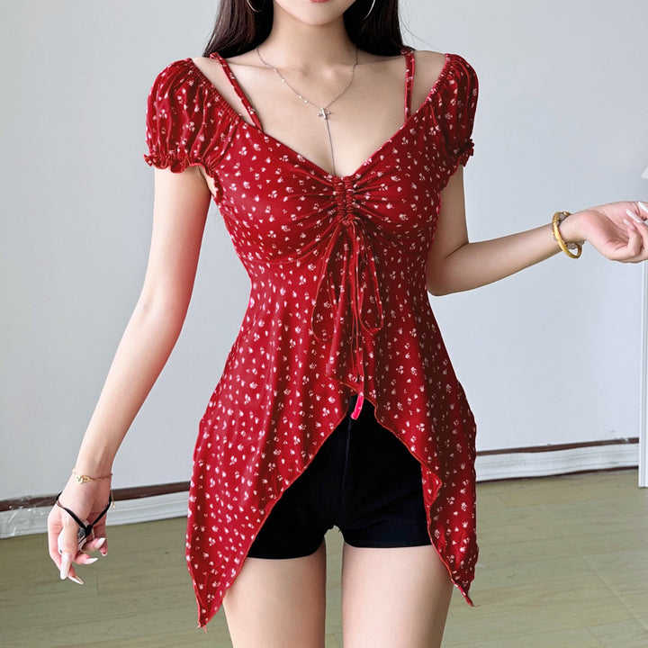 Damen Off-Shoulder-Oberteil mit süßem Blumenmuster und Raffung Echo Archiv