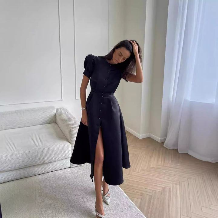 Damen Midi-Kleid mit Puffärmeln und schimmerndem Satin-Finish Echo Archiv