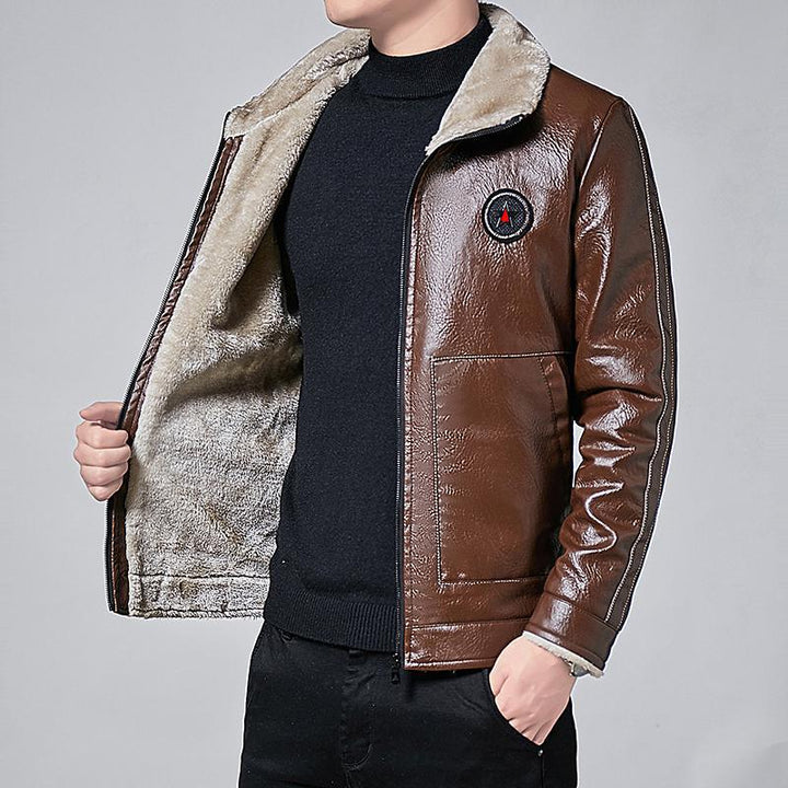 Herren Glänzendes Kunstleder-Blouson mit durchgehendem Teddyfutter und Stehkragen – Taviero