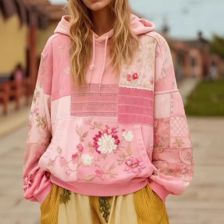 Damen Bestickter Patchwork-Kapuzenpullover mit Blumenapplikation und Kängurutasche – Auréline