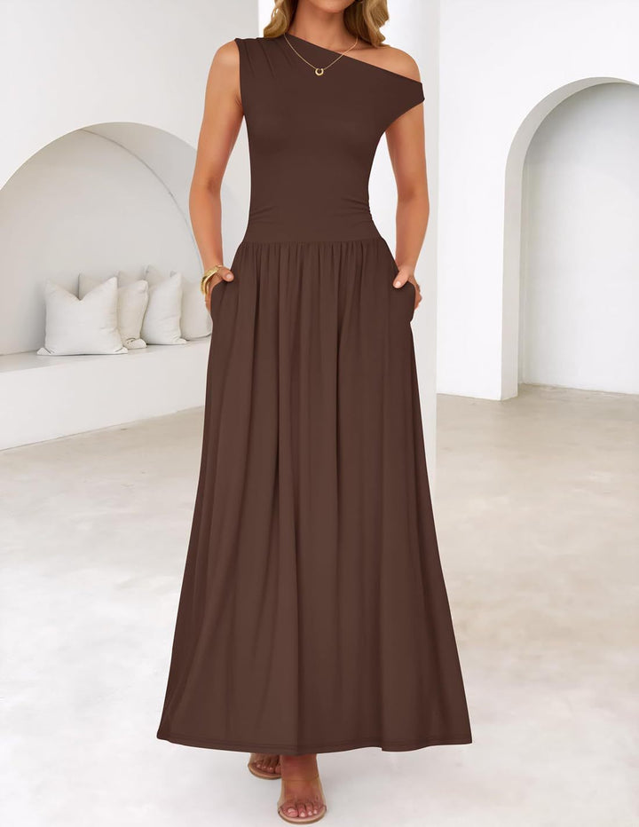 Damen Asymmetrisches Maxikleid mit One-Shoulder, Taillenbetonung und Seitentaschen Echo Archiv