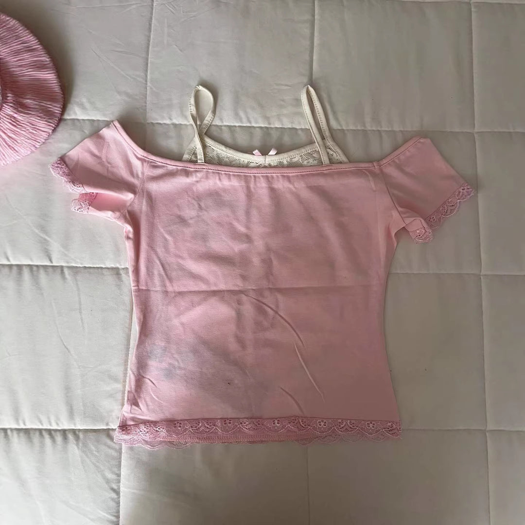 Damen Verspieltes T-Shirt mit Spitzenapplikationen und süßem Bärenmotiv Echo Archiv
