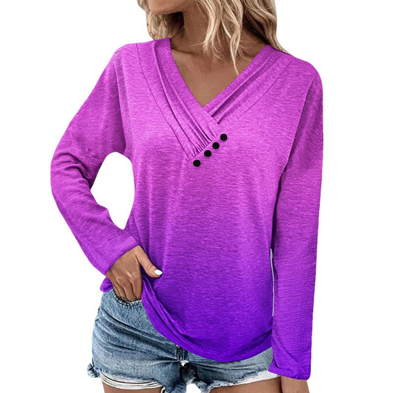 Damen Langärmeliges Ombré-Viskoseshirt mit V-Ausschnitt, Faltenlegung und Zierknöpfen – Avérine