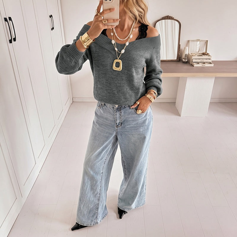 Damen Off-Shoulder V‑Ausschnitt Feinstrickpullover mit Spitzen‑Träger‑Optik und Ballonärmeln Echoarchiv