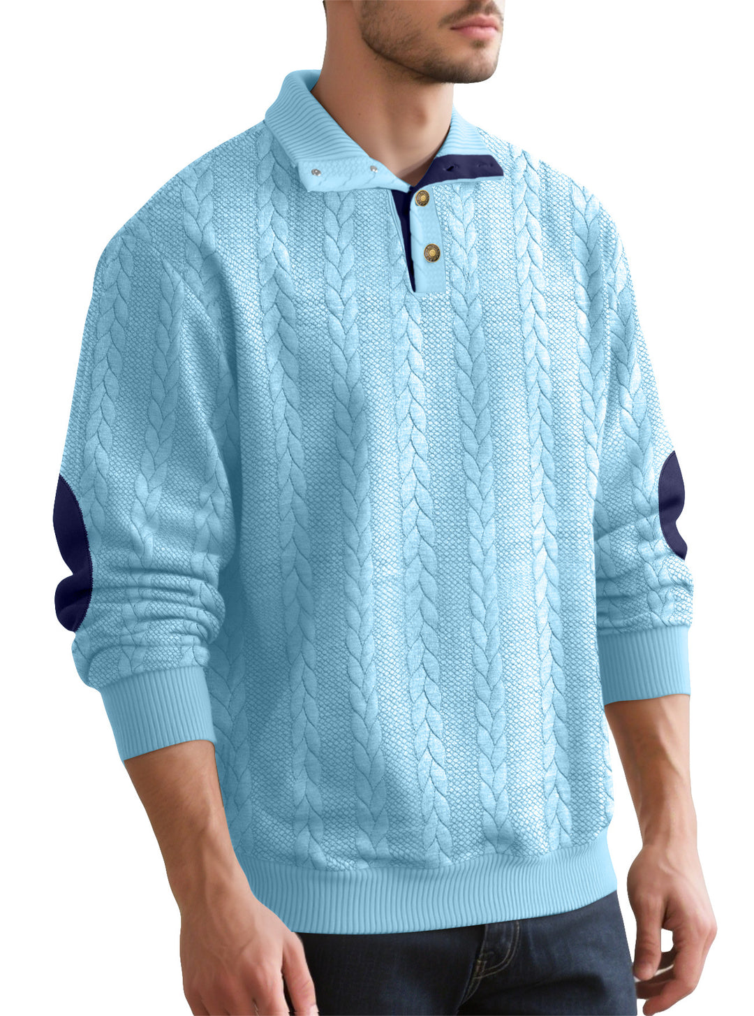 Herren nan Zopfmuster-Halbknopf-Pullover mit hohem Stehkragen und Wildleder-Ellbogenpatches Echo Archiv