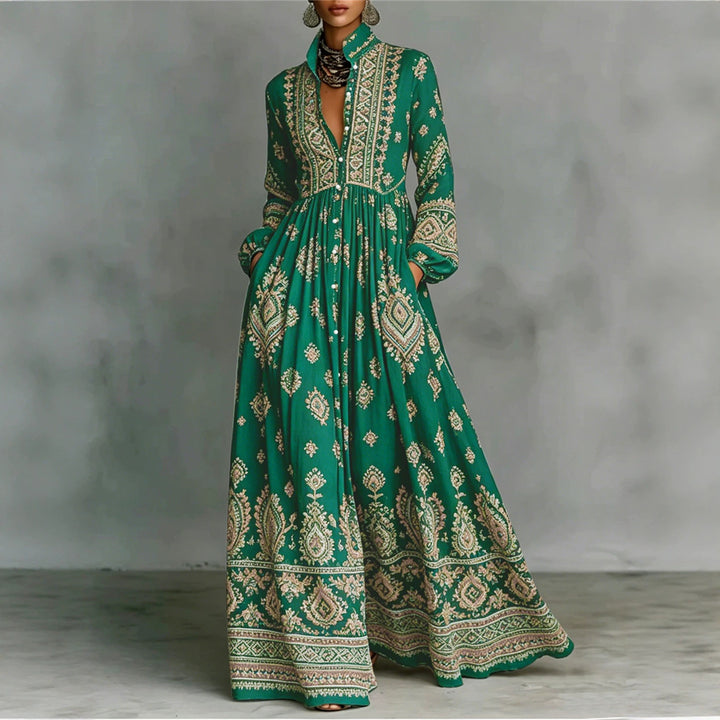 Damen Boho-Maxi-Hemdkleid mit Stickbordüren, hoher Stehkragen und Taschen Echoarchiv