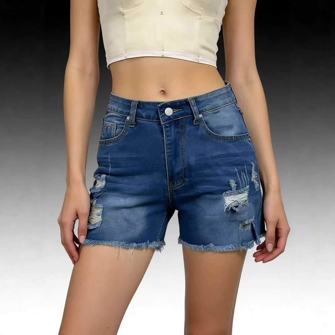 Damen Destroyed Denim-Shorts mit lässigem Schnitt und ausgefranster Kante Echo Archiv