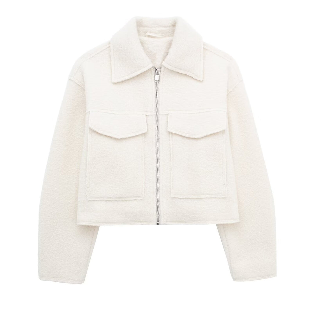 Damen Kurz geschnittene Teddyjacke mit Reißverschluss, Kragen und aufgesetzten Klappentaschen Echo Archiv
