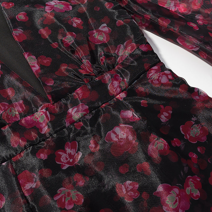 Damen Florales Chiffon-Minikleid mit tiefem V‑Ausschnitt, Rüschenstufen und Trompetenärmeln Echo Archiv