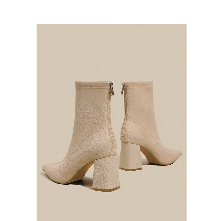 Damen Spitze Sock‑Ankle‑Boots mit skulpturellem Blockabsatz und Stretch‑Veloursoptik – Varelle