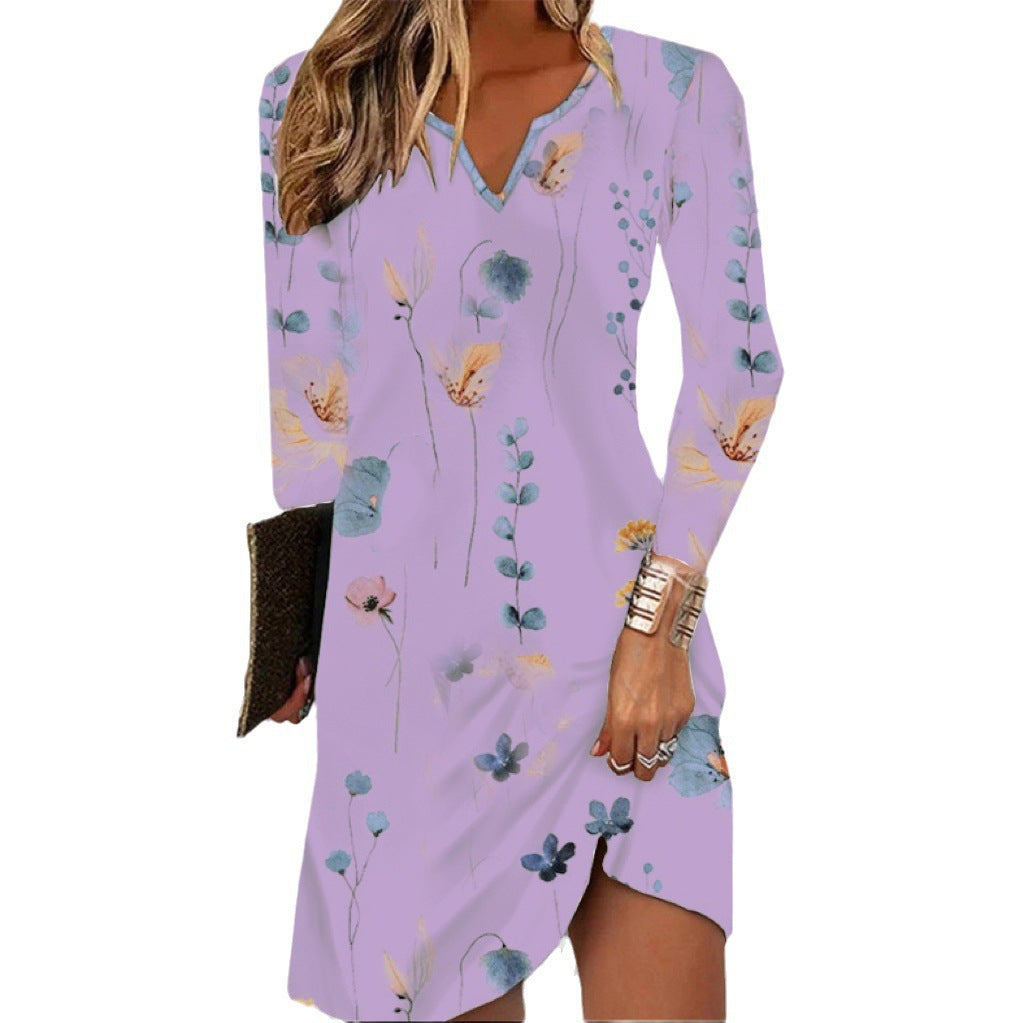 Damen Florales V-Ausschnitt Midikleid mit asymmetrischem Saum und Langarm Echoarchiv