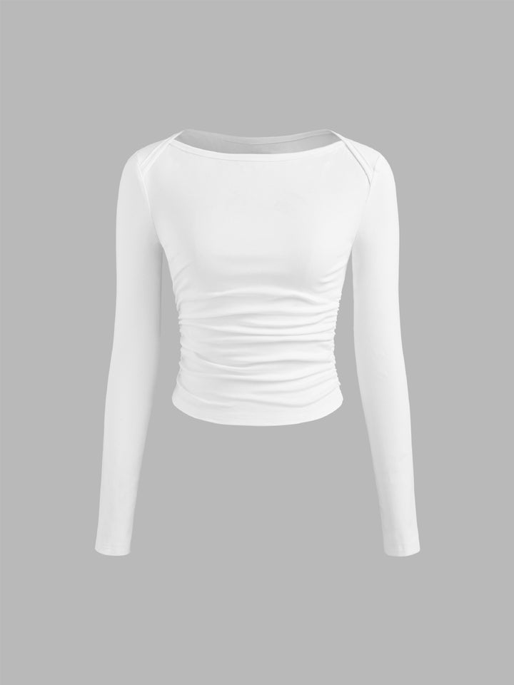 Damen Figurbetontes Langarm-Shirt mit U-Boot‑Ausschnitt und seitlicher Raffung – Avérine