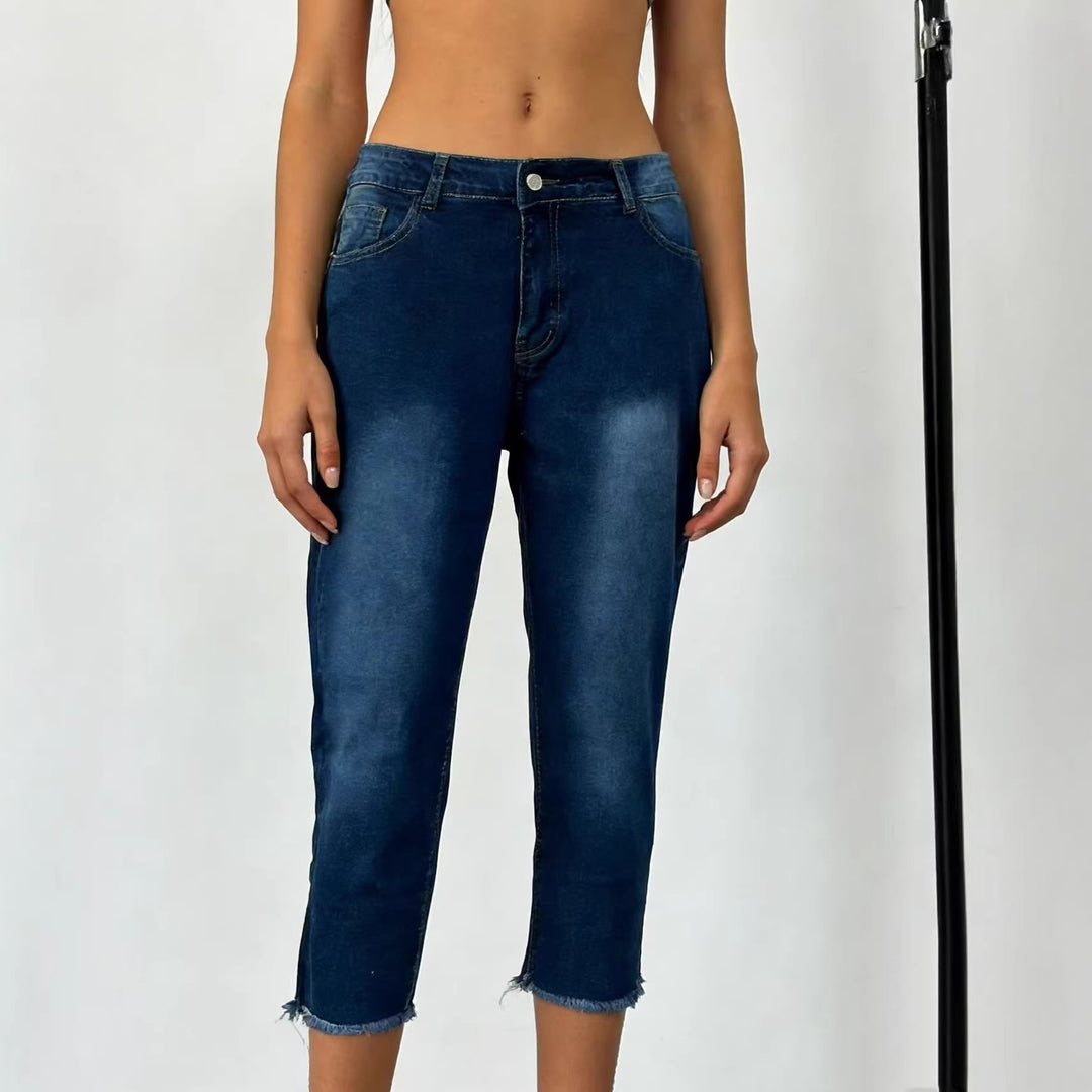 Damen nan schmale knöchellange Jeans mit rohem Fransenabschluss und mittelhoher Taille Echo Archiv