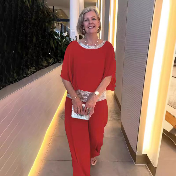 Damen Elegantes Abendzweiteiler mit Chiffon-Cape und Palazzo‑Hose Echoarchiv