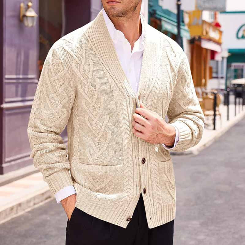 Herren Zopfstrick-Cardigan mit Schalkragen und aufgesetzten Taschen – Terenzo
