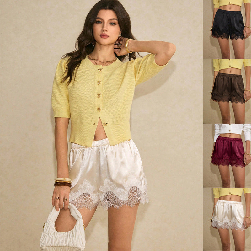 Damen Satin-Shorts mit Spitzenbesatz und elastischem Bund Echo Archiv