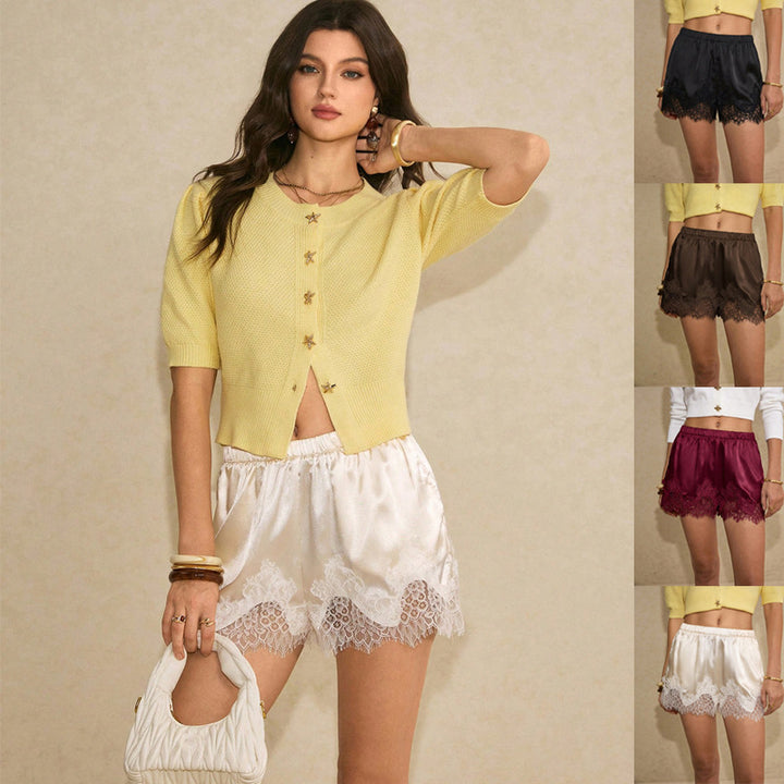 Damen Satin-Shorts mit Spitzenbesatz und elastischem Bund Echo Archiv