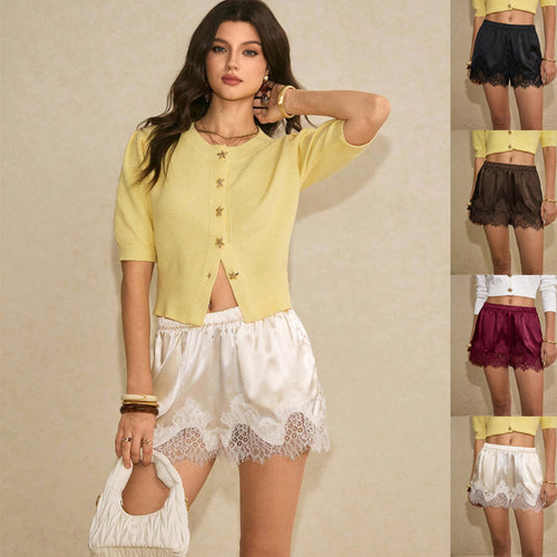 Damen Satin-Shorts mit Spitzenbesatz und elastischem Bund Echo Archiv