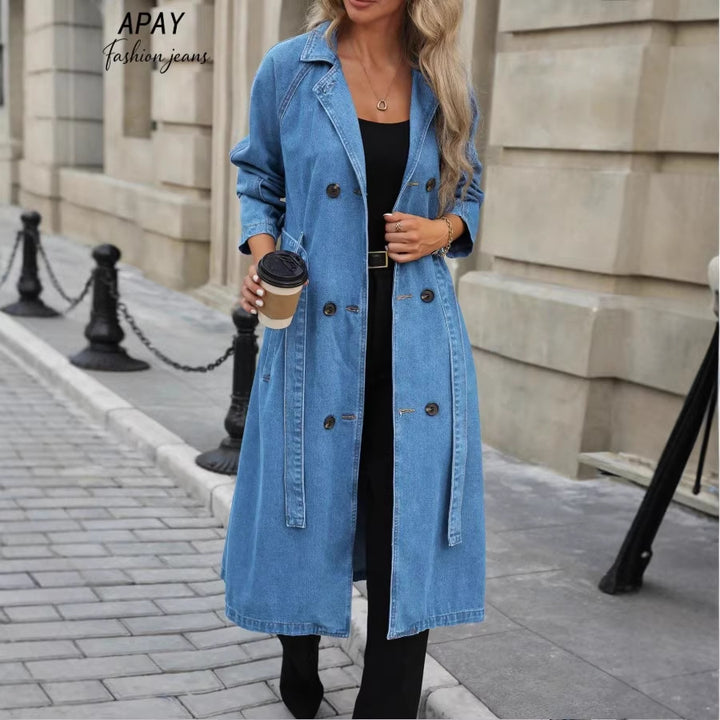 Damen Langer Denim-Trenchcoat mit Bindegürtel und Raglanärmeln Echo Archiv