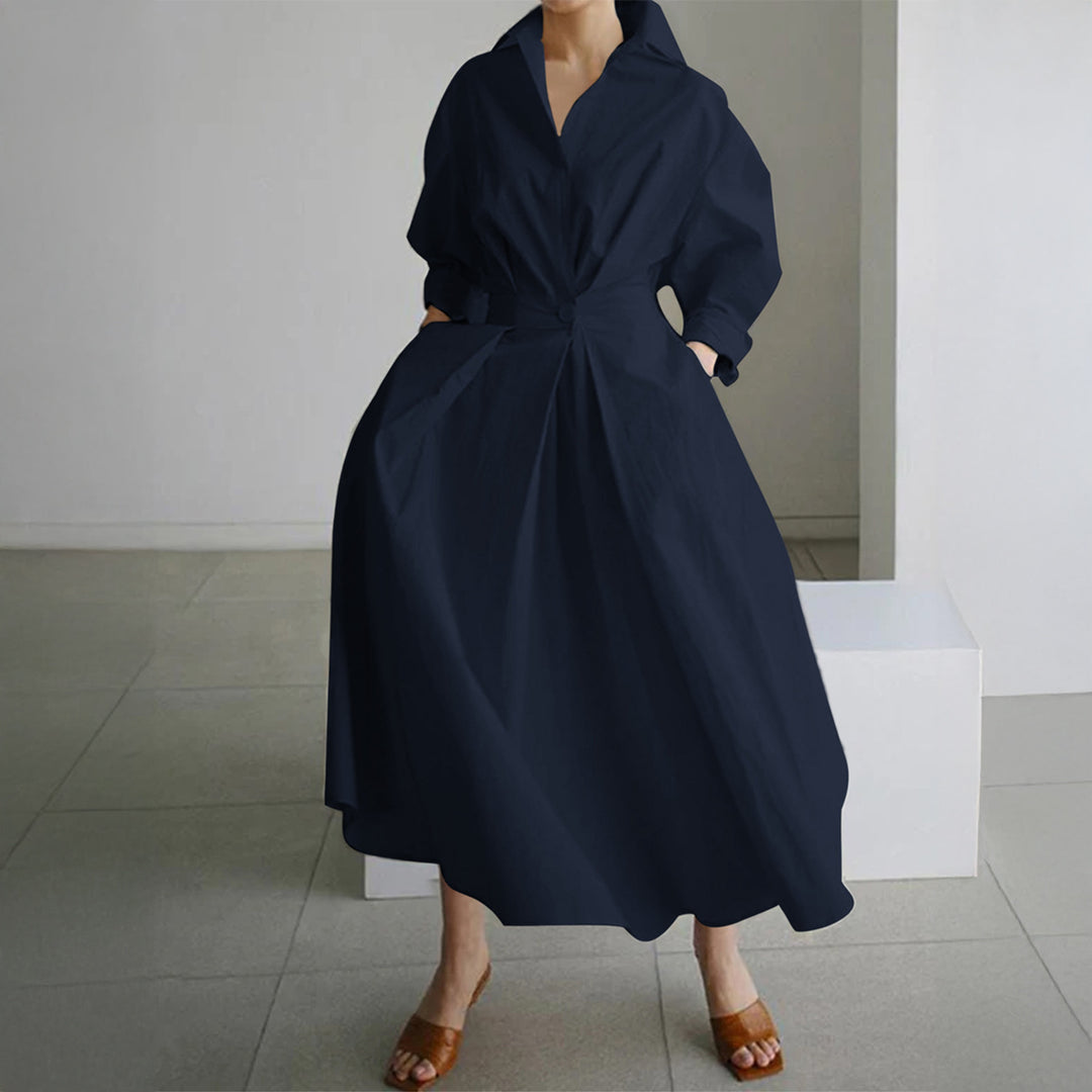 Damen tailliertes Hemdblusenkleid mit kastigem Kragen, mittellangen Ärmeln, Seitentaschen und ausgestelltem Tellerrock – Lunéa